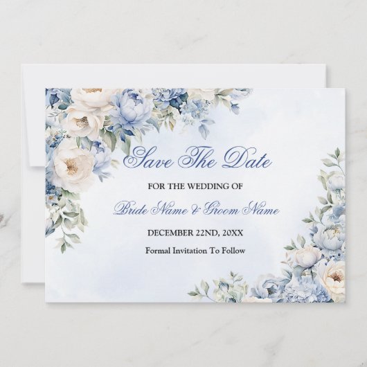 Huwelijk Stoffig Blauw Waterverf Ivoren Bloemen Bl Save The Date (Voorkant)