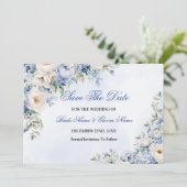 Huwelijk Stoffig Blauw Waterverf Ivoren Bloemen Bl Save The Date (Staand voorkant)