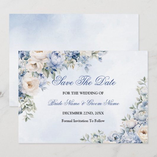 Huwelijk Stoffig Blauw Waterverf Ivoren Bloemen Bl Save The Date (Voorkant / Achterkant)