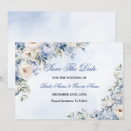 Huwelijk Stoffig Blauw Waterverf Ivoren Bloemen Bl Save The Date