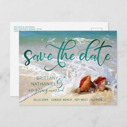 Huwelijk Tropische Strand Bestemming Seashells Aankondigingskaart (Voorkant / Achterkant)