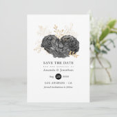  huwelijk tussen zwarte en gouden bloemen save the date (Staand voorkant)