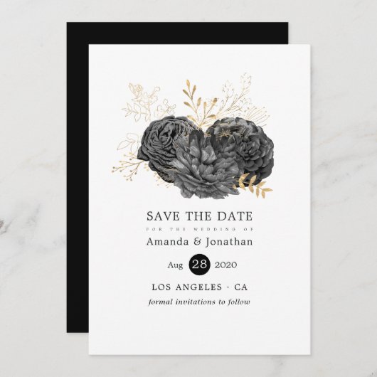 huwelijk tussen zwarte en gouden bloemen save the date (Voorkant / Achterkant)