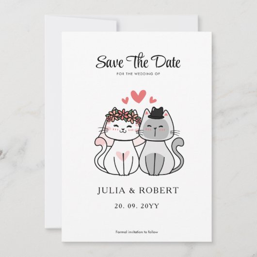 Huwelijk van Bruid en Bruidegom Cute Cat  Save The Date (Voorkant)