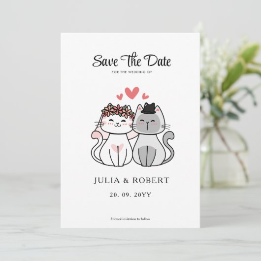 Huwelijk van Bruid en Bruidegom Cute Cat  Save The Date (Staand voorkant)