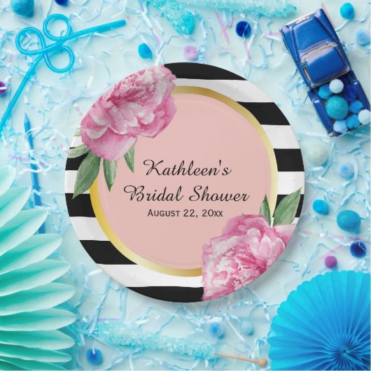 Huwelijk Vrijgezellenfeest Black Stripes Floral Gl Papieren Bordje (Feest)