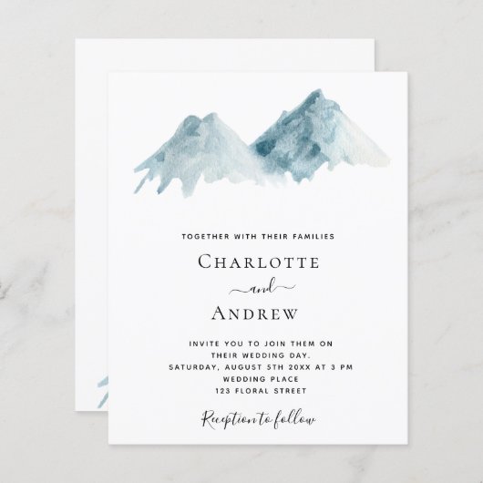Huwelijk watergekleurde berglandschap uitnodiging (Voorkant / Achterkant)