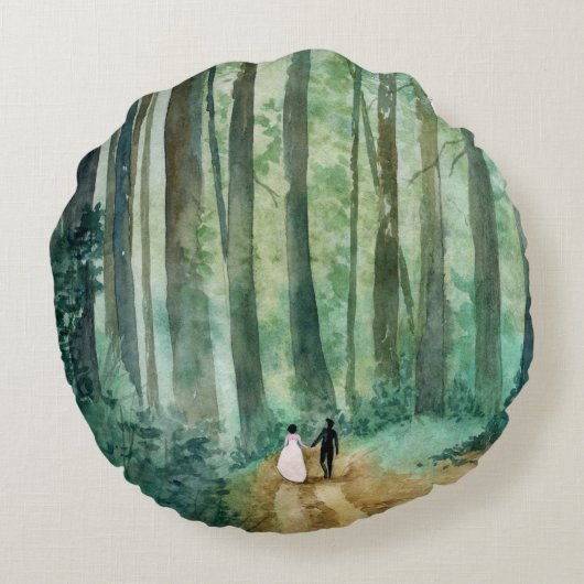 Huwelijk Waterverf boslandschap hand geschilderd Rond Kussen (Achterkant)