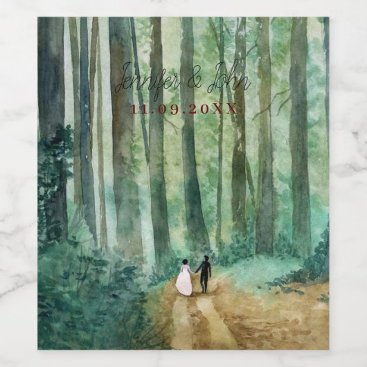 Huwelijk Waterverf boslandschap met bos Wijn Etiket (Enkel label)