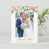 Huwelijk Waterverf Koraal Bloemen Foto Goud Bedankkaart (Staand voorkant)