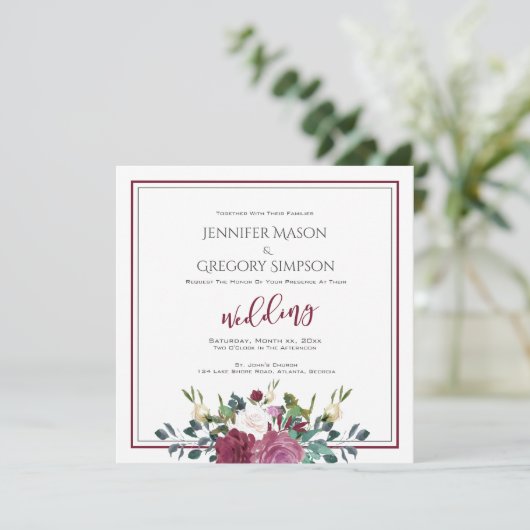 Huwelijk Waterverf White Roses met Cranberry Kaart (Staand voorkant)