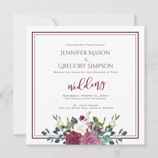 Huwelijk Waterverf White Roses met Cranberry Kaart (Voorkant)