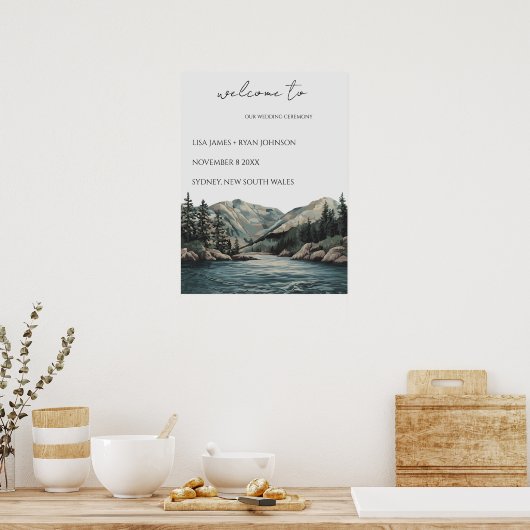 Huwelijk Welkom Mountain Lake Pine Tree Waterverf Poster (Keuken)