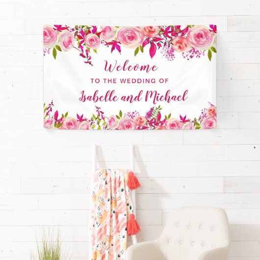 Huwelijk Welkom Roze Roos Bes Aquarel Bloemen Spandoek (Insitu)