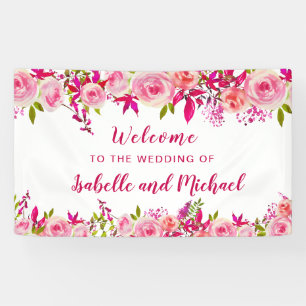 Huwelijk Welkom Roze Roos Bes Aquarel Bloemen Spandoek