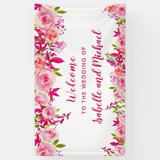 Huwelijk Welkom Roze Roos Bes Aquarel Bloemen Spandoek (Verticaal)
