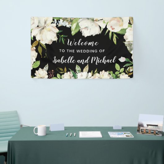 Huwelijk Welkom Zwart-wit Waterverf Bloemen Spandoek (Beurs)