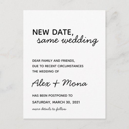 Huwelijk wijzig de datum ansichtkaart briefkaart (Voorkant)