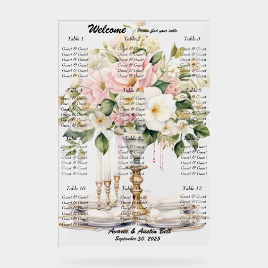 Huwelijk Wit en Roze Bloemen Zitting Grafiek Acryl Bord (Voorkant)