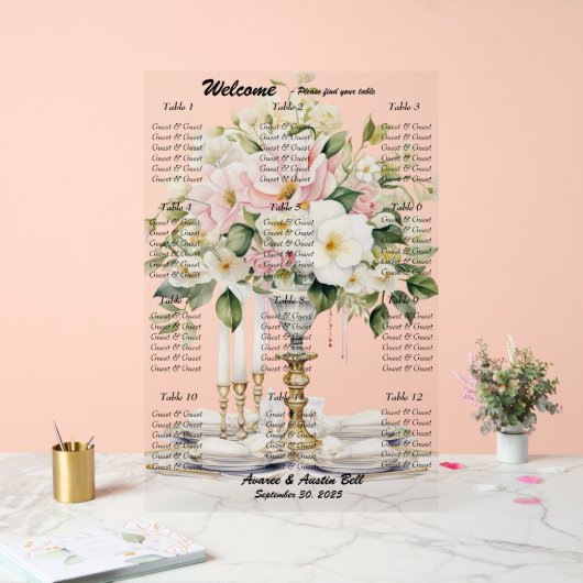 Huwelijk Wit en Roze Bloemen Zitting Grafiek Acryl Bord (Huwelijk)