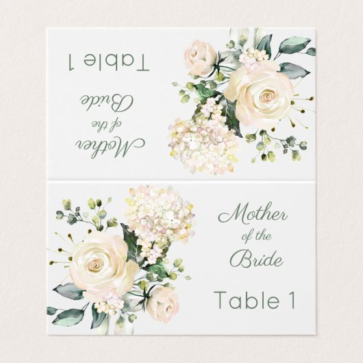 Huwelijk witte roos, hortensia plaats kaart visitekaartje (Buitenkant ongevouwen)
