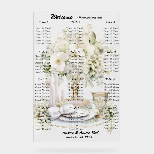 Huwelijk Witte Rozen Zitting Grafiek Acryl Bord (Voorkant)