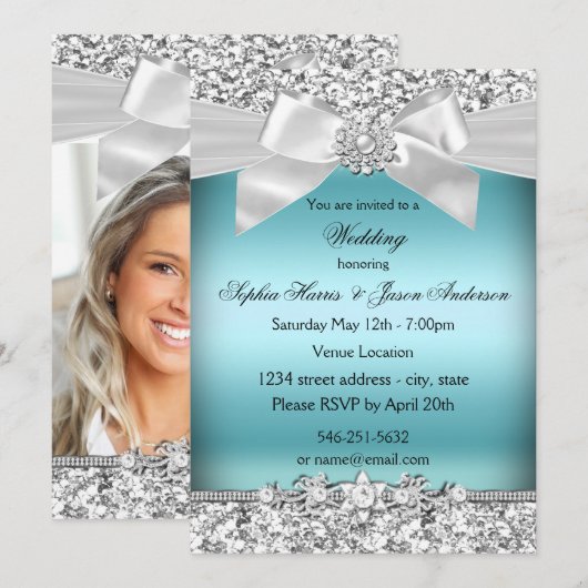 Huwelijk Zilver Blauw Glitter Jewel Bow Kaart (Voorkant / Achterkant)