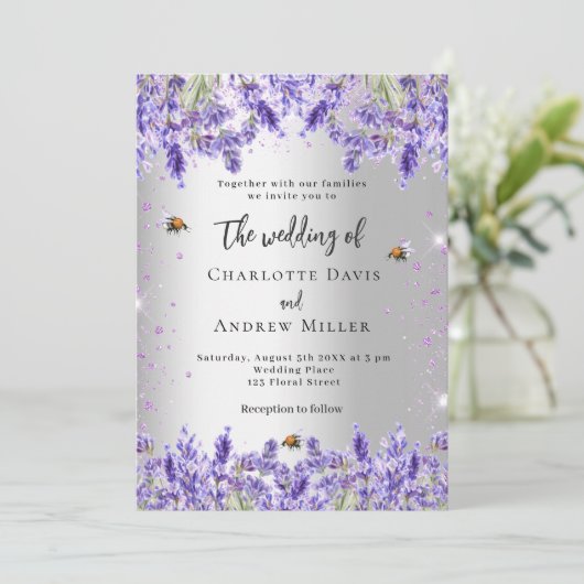 Huwelijk zilveren watergekleurde lavendel bloemen kaart (Staand voorkant)