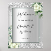 Huwelijk zilveren witte bloemen welkom poster (Voorkant)