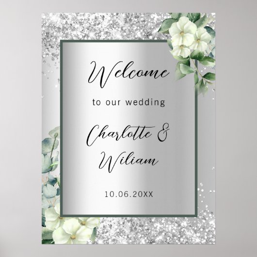 Huwelijk zilveren witte bloemen welkom poster (Voorkant)