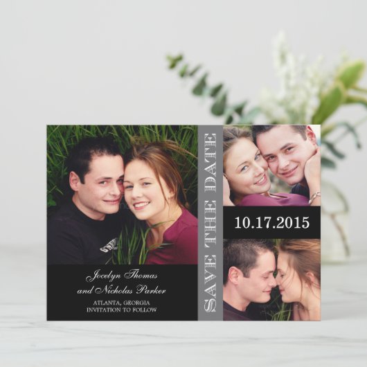 Huwelijks Collage Save The Date Kaart - Grijs (Staand voorkant)