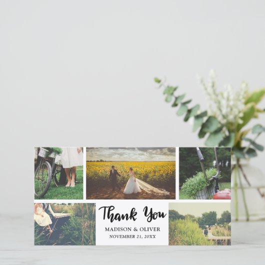 Huwelijks Dankjewel Script Vijf Foto Collage Bedankkaart (Staand voorkant)