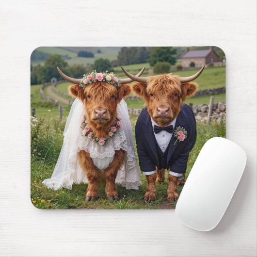 Huwelijks Highland-runderen in een weiland Muismat (Met muis)