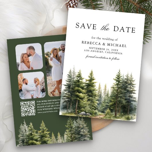 Huwelijks QR-code foto bos met dennenbomen Save The Date