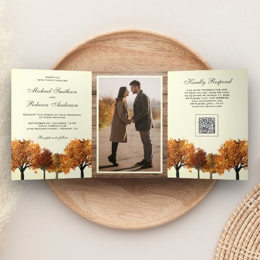 Huwelijks QR-code herfst bomen bos Foto Drieluik Uitnodiging