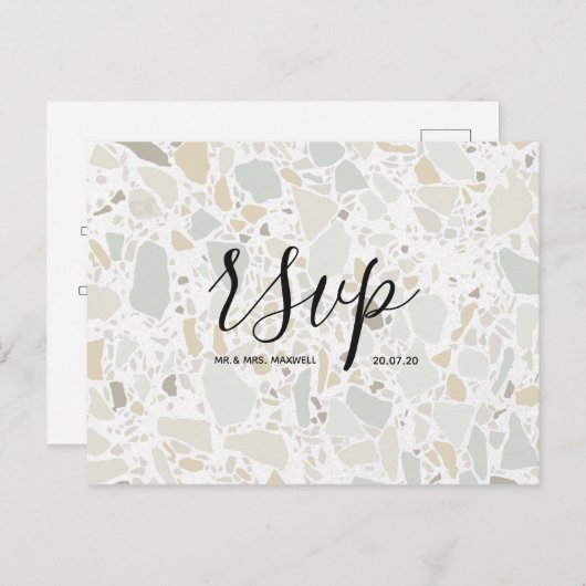 Huwelijks-Rsvp kaart | Terrazzo Script briefkaart (Voorkant / Achterkant)