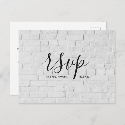 Huwelijks-Rsvp kaart | White Brick Script Postkaar (Voorkant / Achterkant)