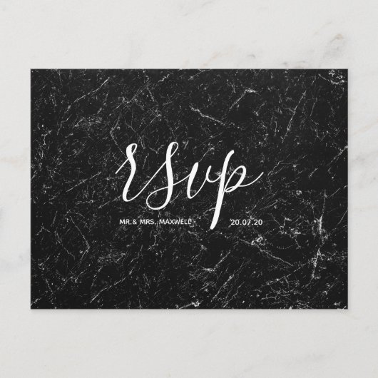 Huwelijks-Rsvp kaart | Zwarte Marmeren Script Post (Voorkant)