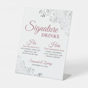 Huwelijks Signature Dranken Dusty Rose & Zilveren Reclamebord Met Voetstuk