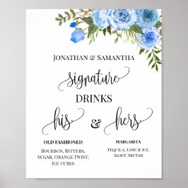 Huwelijks Signature Drankjes Koppels Blauwe Bloeme Poster