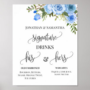 Huwelijks Signature Drankjes Koppels Blauwe Bloeme Poster