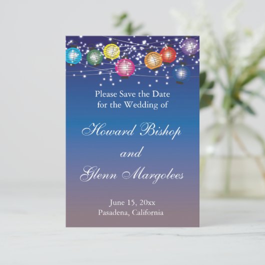 Huwelijksaankondiging met ombre regenbooglantaarns kaart (Staand voorkant)