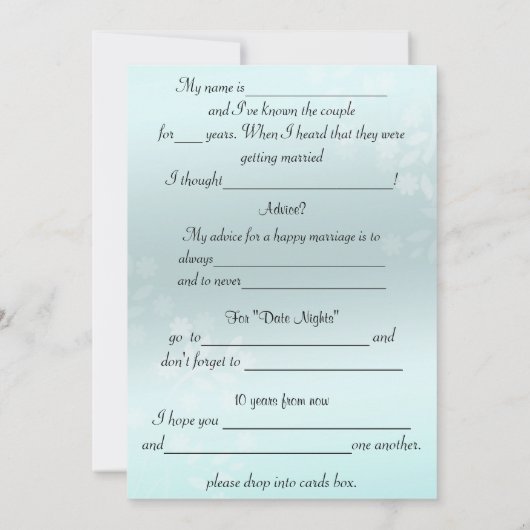 Huwelijksadvies, mooie blauwe trouwcommentaar kaar kaart (Achterkant)