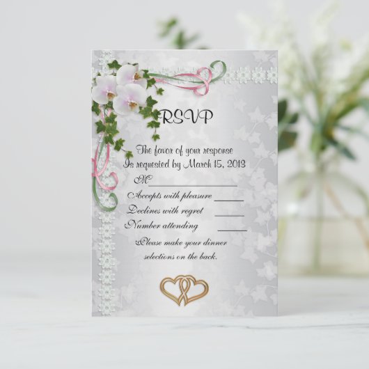 Huwelijksantwoordkaarten elegante witte orchideeën RSVP kaartje (Staand voorkant)