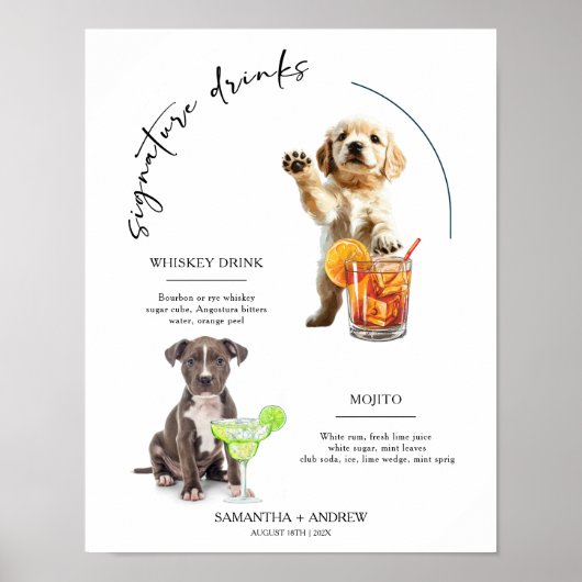 Huwelijksbar-drankmenu met hondensignatuur poster (Voorkant)
