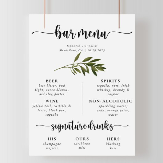 Huwelijksbarmenu met botanisch groene bladeren poster