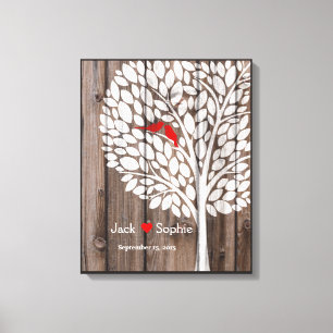 Huwelijksboom Handtekening Gastenboek Vogels Rood Canvas Afdruk
