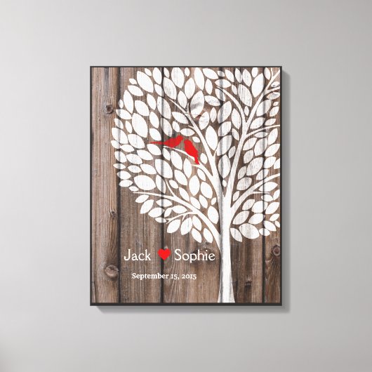 Huwelijksboom Handtekening Gastenboek Vogels Rood Canvas Afdruk (Voorkant)