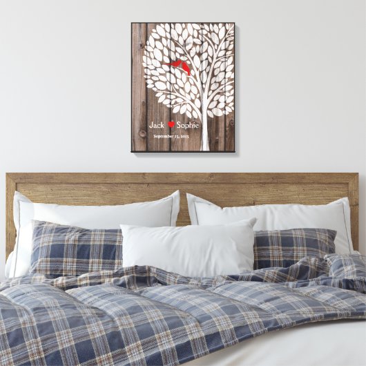 Huwelijksboom Handtekening Gastenboek Vogels Rood  Canvas Afdruk (Insitu (Slaapkamer))