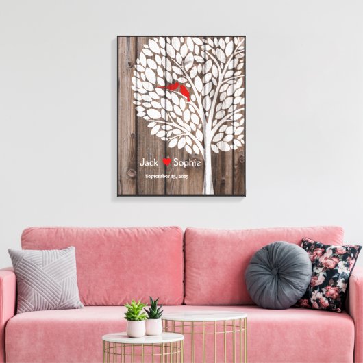 Huwelijksboom Handtekening Gastenboek Vogels Rood  Canvas Afdruk (Insitu (Woonkamer))